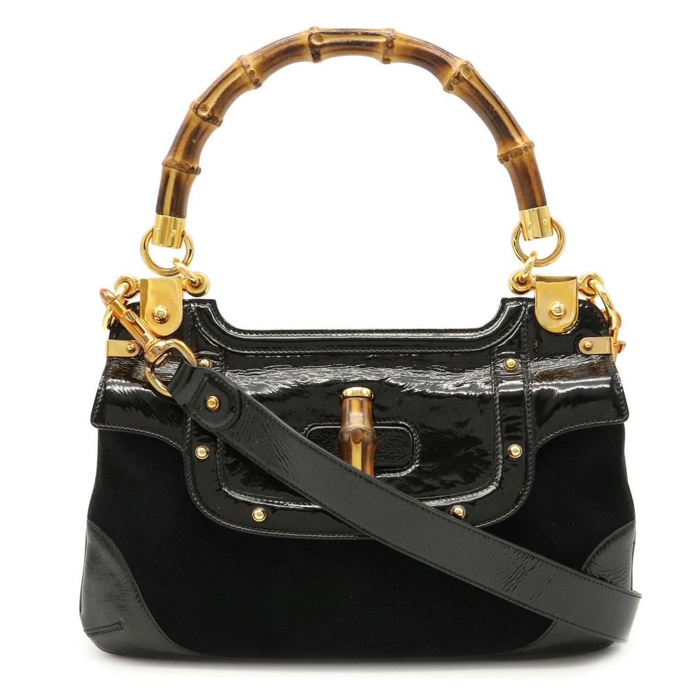 Gucci Bamboo 2way Shoulder Bag Patent Vernis Leather Suede Black